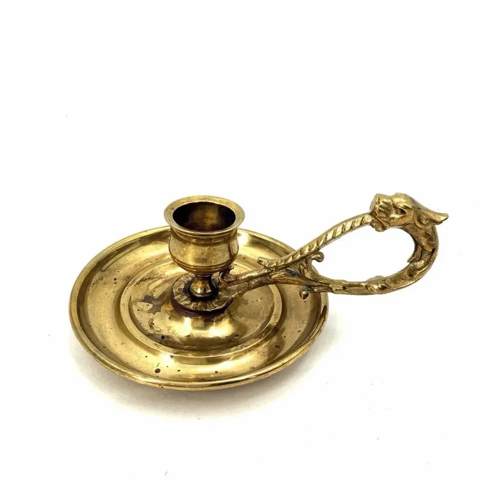 Vintage Brass Finger Loop Chamber Taper Candlestick Holder Dragon Design